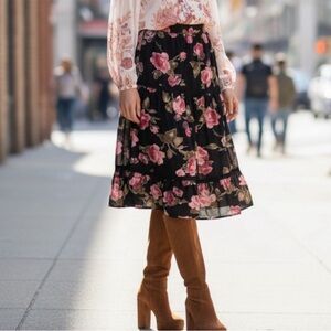 Floral Boho Retro 70s Hippie Cottagecore Ruffle Midi Prairie Skirt Black SZ M